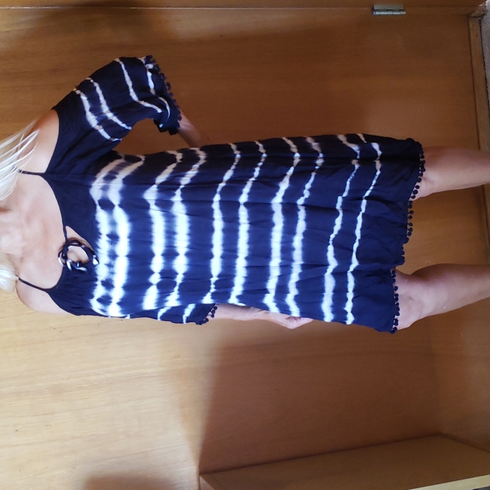 Navy & white Tie dye off shoulder Dress